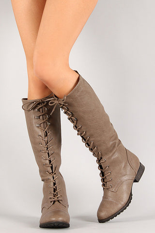 Breckelle Round Toe Lace Up Combat Knee High Boot