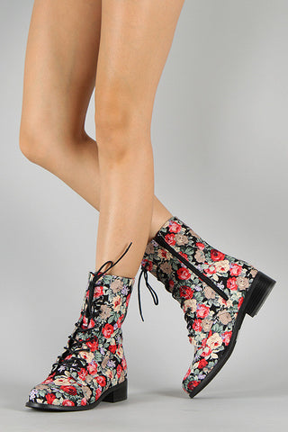 Wild Diva Madrid-10 Floral Lace Up Mid Calf Boot