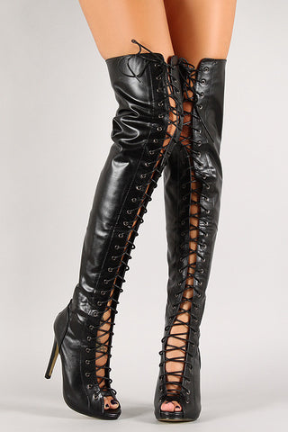 Open Toe Lace Up Thigh High Boot