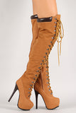 Almond Toe Lace Up Thigh High Stiletto Platform Boot