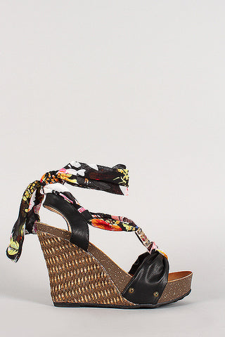 Leatherette Floral Chiffon Ankle Tie Woven Wedge Platform