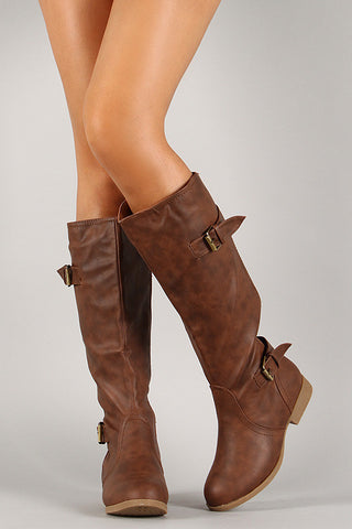 Buckle Round Toe Riding Mid Calf Boot