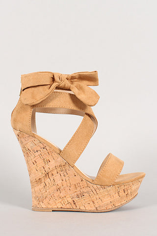 Bamboo Suede Bow Open Toe Platform Wedge