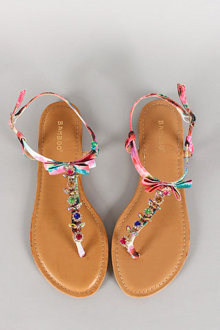Bamboo Watercolor Jeweled Bow T-Strap Flat Sandal
