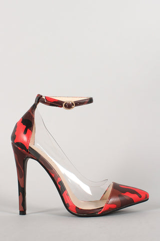 Liliana Camouflage Lucite Ankle Strap Pointy Toe Pump