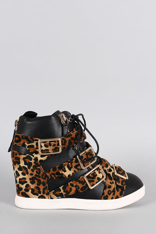Leopard Multi Buckle Strap High Top Wedge Sneaker