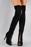 Nubuck Lace Up Peep Toe Stiletto Over the Knee Boots