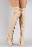 Nubuck Lace Up Peep Toe Stiletto Over the Knee Boots
