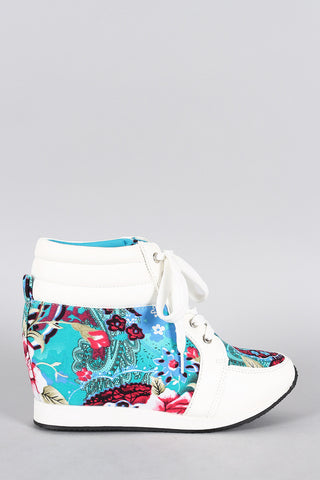 Floral Round Toe High Top Wedge Sneaker