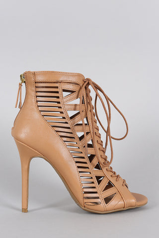 Anne Michelle Caged Lace Up Peep Toe Booties