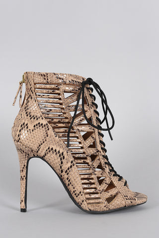Anne Michelle Python Caged Lace Up Bootie