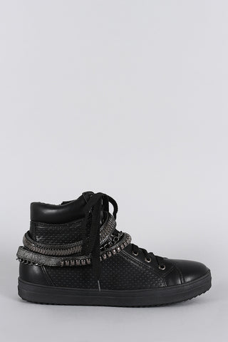 Liliana Perforated Multiple Chains High Top Lace Up Sneaker