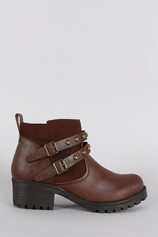 Bamboo Studded Buckle Strap Round Toe Booties