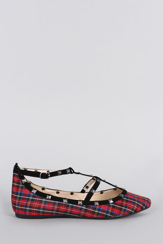 Bamboo Studded Cage Plaid Pointy Toe Flat
