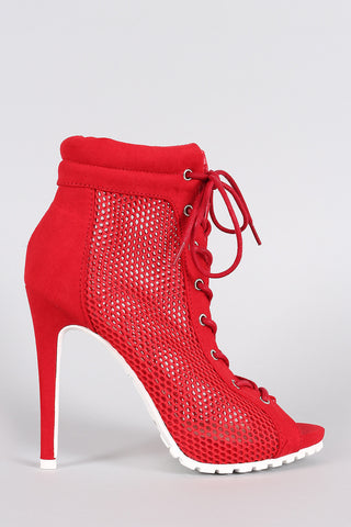 Anne Michelle Mesh Lace Up Lug Sole Booties