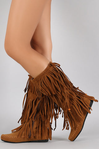 Bow Bead Tiers of Fringe Moccasin Flat Boots