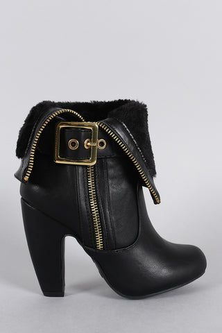 Bamboo Faux Fur Cuff Buckle Strap Heeled Ankle Boots