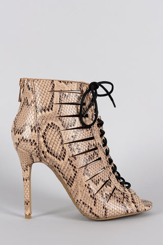 Anne Michelle Snake Slit Lace Up Peep Toe Bootie