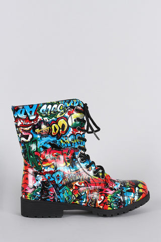 Bamboo Graffiti Round Toe Lace Up Lug Sole Combat Ankle Boots