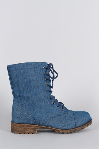 Bamboo Denim Round Toe Lace Up Lug Sole Combat Ankle Boots