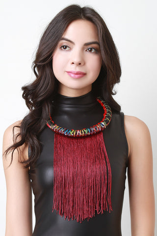 Wrapped Cord Fringe Statement Necklace