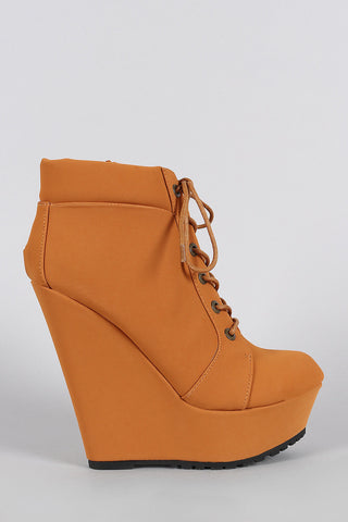 Bamboo Oxford Round Toe Lace Up Platform Wedge Booties