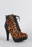 Anne Michelle Leopard Military Lace Up Lug Sole Platform Heeled Booties