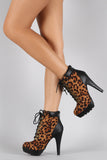 Anne Michelle Leopard Military Lace Up Lug Sole Platform Heeled Booties