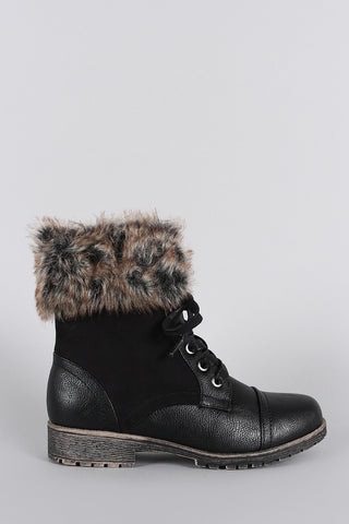 Bamboo Combat Faux Fur Ankle Cuff Lug Sole Booties