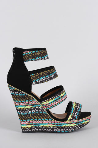 Qupid Abstract Print Strappy Caged Open Toe Platform Wedge