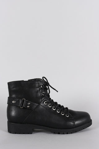 Bamboo Round Toe Combat Lace Up Flat Ankle Boots