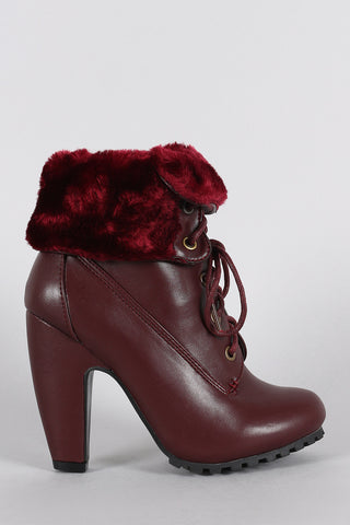 Bamboo Fold-Over Faux Fur Collar Heeled Oxford Booties