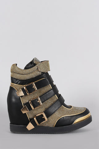 Glitter Strappy Buckle Round Toe High Top Wedge Sneaker