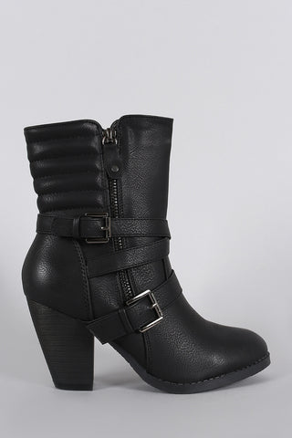 Zipper Strappy Buckle Quilted Chunky Heeled Mid Calf Boots