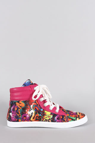 Bamboo Graffiti Round Toe High Top Lace Up Sneaker
