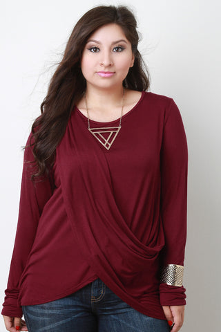 Draped Overlay Round Neck Long Sleeves Top
