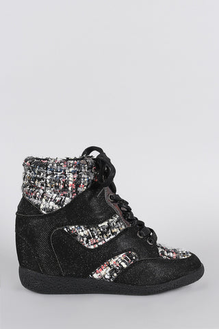 Bamboo Glitter Tweed High Top Lace Up Wedge Sneakers