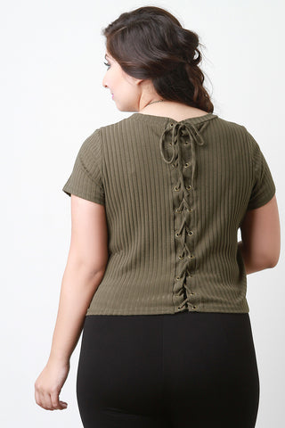 Lace Up Back Ribbed Top