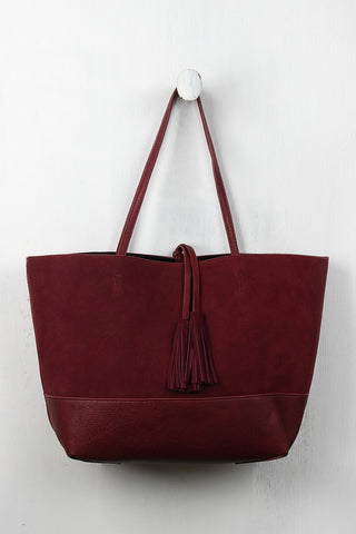 Reversible Suede And Leather Tassel Tote Bag