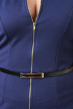 Belted Front Zipper Textured Short Sleeved Bodycon Dress