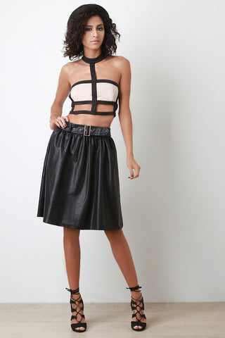 Belted Vegan Leather A-Line Skirt