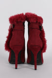Anne Michelle Buckle Faux Fur Collar Pointy Toe Stiletto Ankle Boots