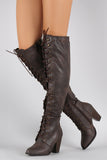 Almond Toe Lace Up Stacked Heeled Over-The-Knee Boots
