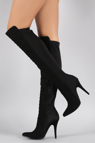 Anne Michelle Suede Quilted Lycra Pointy Toe Stiletto Boots