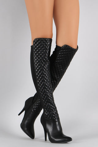 Anne Michelle Quilted Lycra Pointy Toe Stiletto Boots