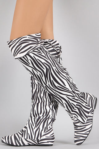 Zebra Print Round Toe Cuff Bow Tie Over-The-Knee Flat Boots