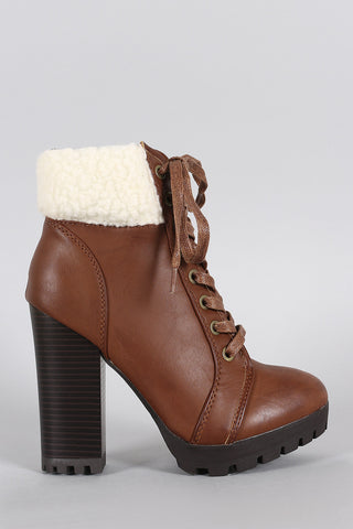 Bamboo Shearling Cuff Combat Lace Up Heeled Ankle Boots