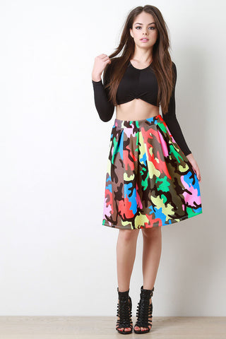 Multicolor Camouflage Pleated Skirt