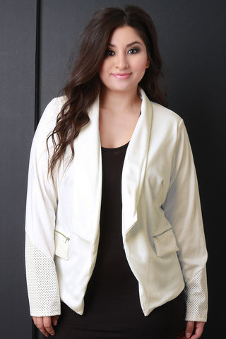 Perforated Vegan Leather Trim Open Front Blazer