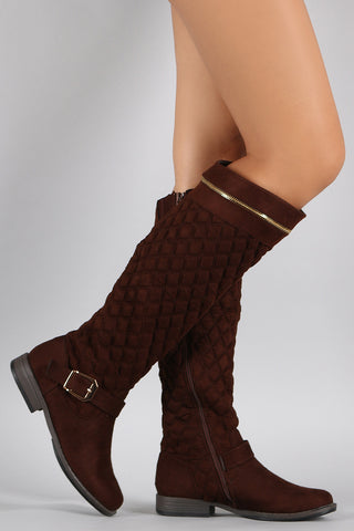 Bamboo Quilted Suede Zipper Trim Riding Knee High Boots